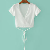 V Neck Cross Tie Short Sleeve Crop Top