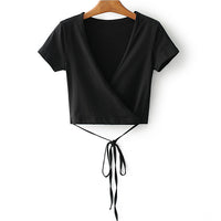 V Neck Cross Tie Short Sleeve Crop Top