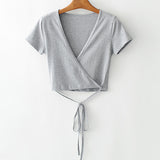 V Neck Cross Tie Short Sleeve Crop Top