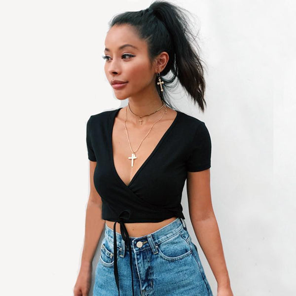 V Neck Cross Tie Short Sleeve Crop Top